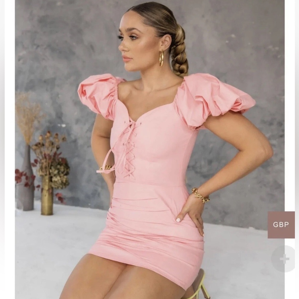 Kai Collective Babita Mjni Dress Off Shoulder Puff Sleeve Pink Corset Bodycon XS